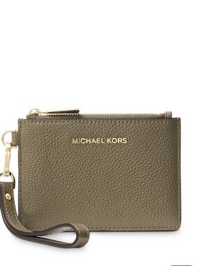 Michael Kors Olive Green Pebbled Leather Wristlet Card Case with Gold Hardware